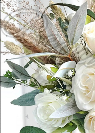 Rose, pampas Spray Bridal Bouquet in Ivory Artificial Wedding Flowers image 7
