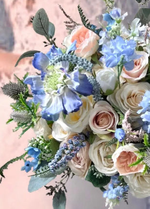 Artificial Wedding Flowers Bridal peony Bouquet in White, Ivory, Pink & Blue image 7