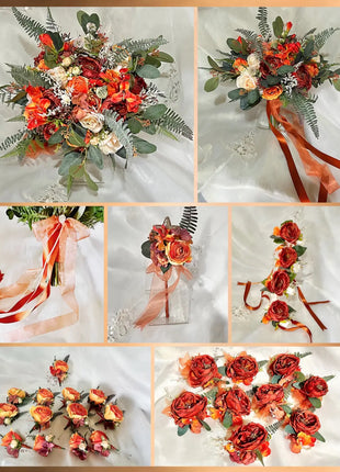 Artificial Wedding Flowers in Orange, Plum, Ivory Teardrop Bridal Bouquet image 9