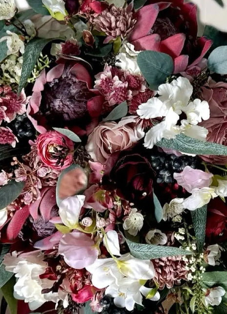 Cascading Bridal Bouquet, Artificial Wedding Flowers in Burgundy, Pink, Mauve image 1