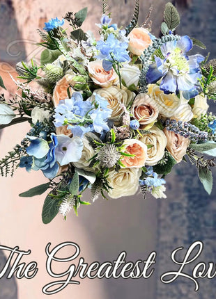 Artificial Wedding Flowers Bridal peony Bouquet in White, Ivory, Pink & Blue image 0