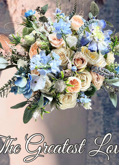 Artificial Wedding Flowers Bridal peony Bouquet in White, Ivory, Pink & Blue image 0