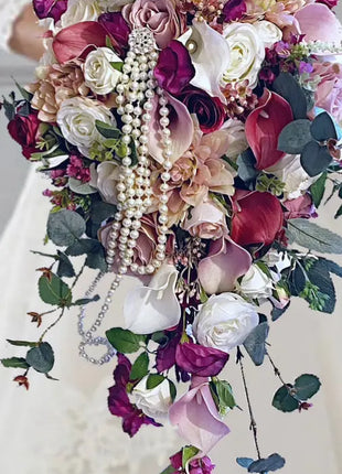 Bridal Cascade Bouquet, Artificial Wedding Flowers  in cerise ,blush pink, ivory image 8