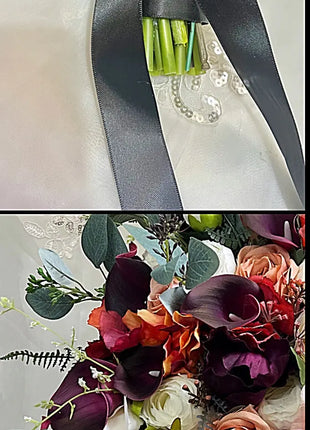 Artificial Wedding Flowers Orange, Plum, Ivory Teardrop Bridal Bouquet with Ca image 4