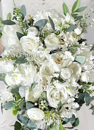 Artificial Roses, Peonies in White Ivory Teardrop Bridal Bouquet | Wedding Fl image 9