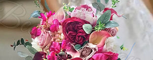 Teardrop Bridal Silk Bouquet, Cerise Pink, White, Ivory with Wild Roses, Peonies image 3