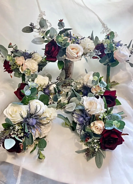 Silk Scottish thistle, rose bridal flowers  in Blue , Burgundy Blush Roses image 1