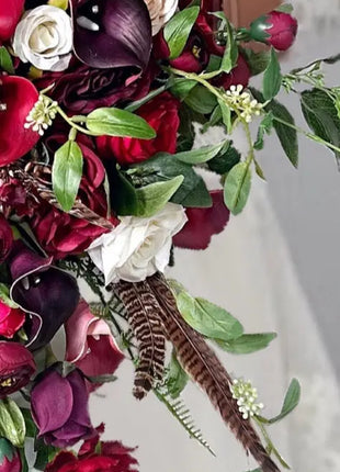 Silk Rose, Calla Cascading Bridal Bouquet Wedding Flowers in Burgundy, Ivory image 6