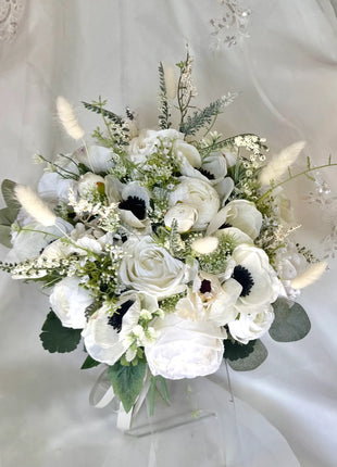 Silk Anemone, Roses in Cream White Ivory Round Spray Bridal Bouquet Wedding Fl image 10