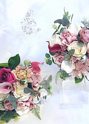 Bridal Cascade Bouquet, Artificial Wedding Flowers  in cerise ,blush pink, ivory image 4