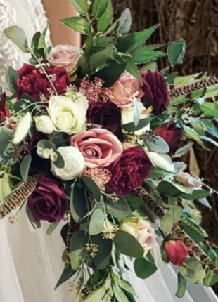 Silk Bridal Wedding Cascade Bouquet in Dusty Pink, Burgundy Pheasant Feathers image 5