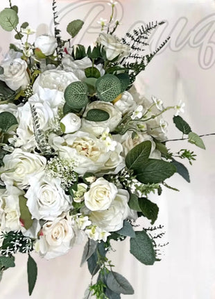 Artificial Roses, Peonies in White Ivory Round Spray Bridal Bouquet Wedding Fl image 7