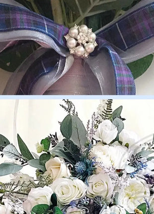 Cascading Scottish Blue Thistle Bridal Bouquet with White & Ivory silk Rose image 3