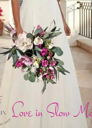 Luxury bridal bouquet in cerise pink, ivory with peony, rose package 3pc image 1