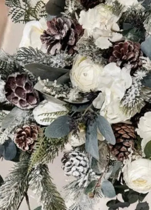 Wintry Christmas Cascade Bridal Bouquet, Ivory, Cream with Fir Cones , spruce  image 2
