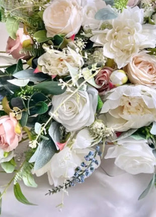 Wedding flowers in white|, blush, blue silk rose peony Cascading bride bouquet image 12