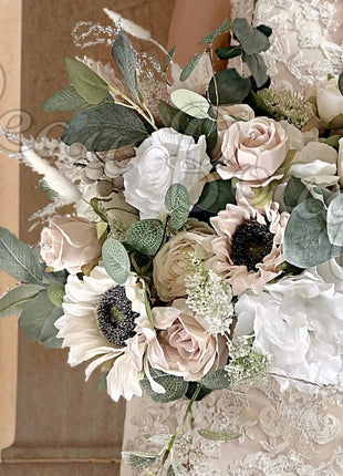 Silk sunflower, Peony, Rose Bridal Bouquet blush, Ivory Wedding Flowers image 7