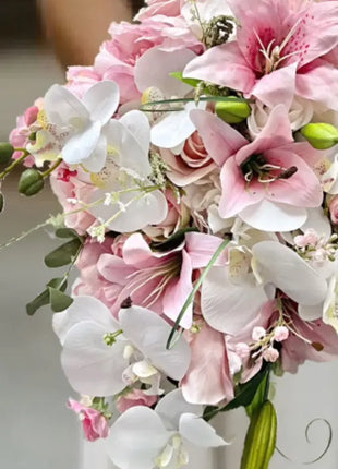 Teardrop Bridal Bouquet, Artificial Wedding Flowers  in cerise, pale Pink, ivory image 6