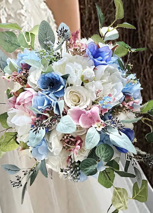 Blue, pink silk Wedding Flowers  Peony Bridal Bouquet in White, Ivory image 4