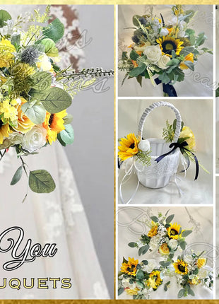Silk sunflower, rose bouquet - yellow, amber, blue, Ivory round  Bridal flowers image 12
