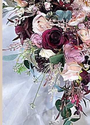 Silk Rose, pheasant feather Bride Bouquet Wedding Flowers | black, pink & Ivory image 6