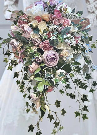 Silk Rose with trailing ivy bouquet -lilac, pink, Ivory Teardrop Bridal Bouquet image 5