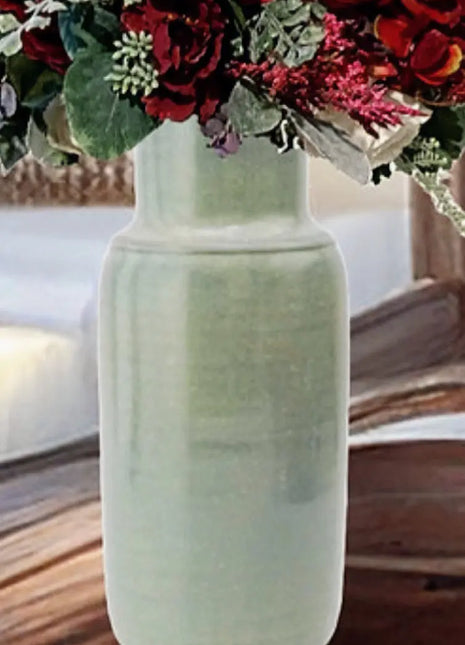 Ceramic Vase with Reactive Green Glaze 29cm Tall, River Valley Vase - Beaux Faux Flowers Shop
