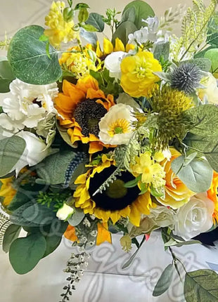 Silk sunflower, rose bouquet - yellow, amber, blue, Ivory round  Bridal flowers image 4