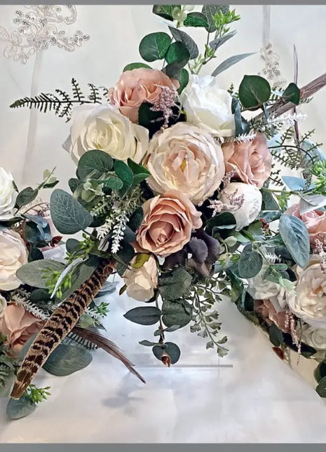 Scottish bridal bouquet with roses pheasant feather blush pink, grey, Ivory image 1