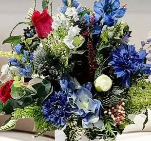 Silk blue Flower Vase Arrangement with White, Red Flowers | image 5