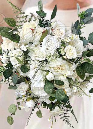Artificial Roses, Peonies in White Ivory Round Spray Bridal Bouquet Wedding Fl image 5