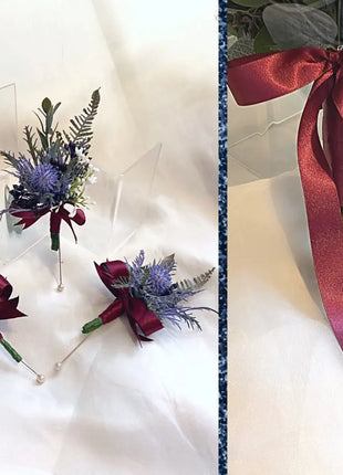 Silk Scottish thistle, rose bridal flowers  in Blue , Burgundy Blush Roses image 2
