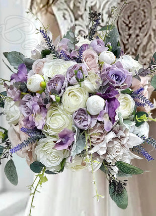 Silk Rose bouquet lavender, lilac Ivory round  Bridal flowers image 6