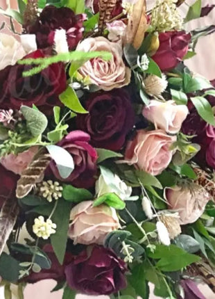 Scottish bridal bouquet with roses pheasant feather,  blue, red, Ivory blush  image 2