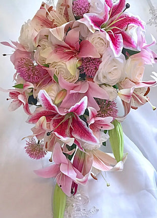 Bridal Cascade Bouquet, Artificial Wedding Flowers in cerise, pale pink, ivory image 5