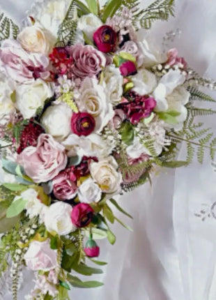 Teardrop Bridal Bouquet, Artificial Wedding Flowers in Burgundy, Pink, ivory image 3