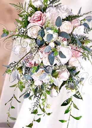 Silk Cascade  Bridal Bouquet Roses, Peony in Cream, pink, Ivory image 4