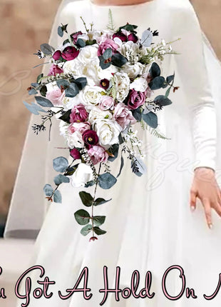 Cascading silk rose Bridal Bouquet, Artificial Flowers in Burgundy, Blush, Ivory image 0