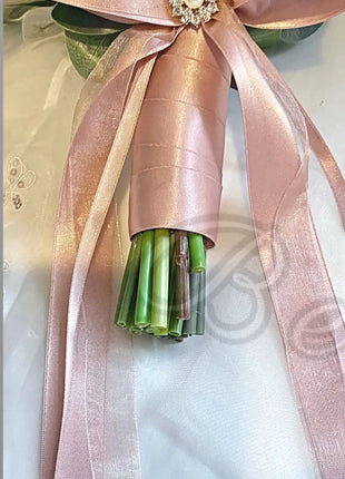 Scottish bridal bouquet with roses pheasant feather blush pink, grey, Ivory image 3