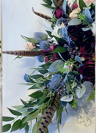 Wedding Flowers Pheasant Feather, Blue, Burgundy with rose Bridal Bouquet image 3