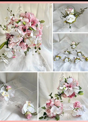 Teardrop Bridal Bouquet, Artificial Wedding Flowers  in cerise, pale Pink, ivory image 4