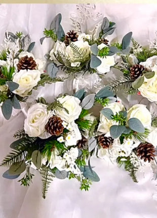 Wintry, Christmas bride bouquet in white, Ivory, cream with fir cones 10pc image 2