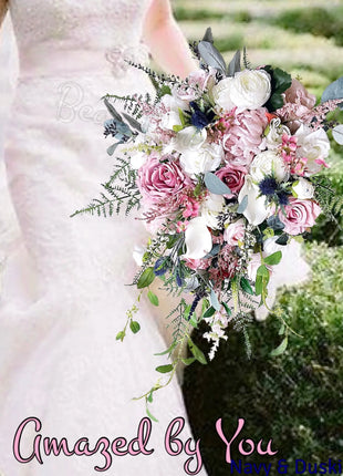 Scottish Dusky mauve  rose bridal bouquet, teardrop silk wedding flowers image 0