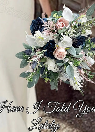 Silk Artificial Rose bouquet, blush, navy, Ivory round  Bridal flowers image 0
