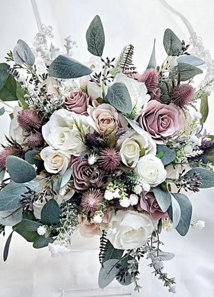 Artificial Wedding Flowers Blue Mauve, Ivory Thistle Round Spray Package 11pc image 2