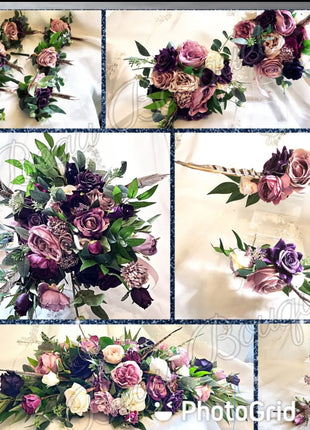 Scottish bridal bouquet with roses pheasant feather, dusky pink, red, Ivory image 3