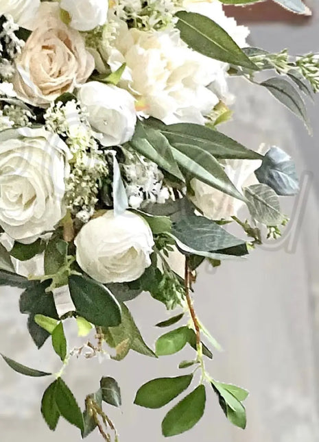 Artificial Roses & Peonies - Cream, Ivory Teardrop Bridal Bouquet | Wedding Fl image 1
