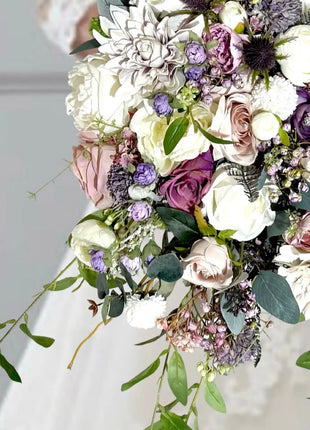 Artificial Silk flower Bridal Bouquet Roses,, Peony flowers -lilac mauve, Ivory image 3