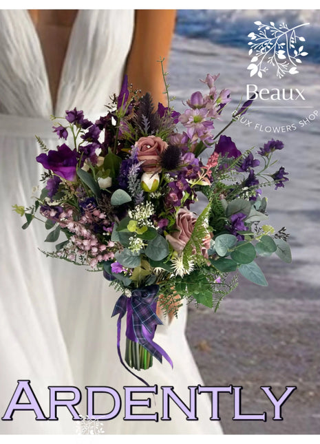 Scottish wildflowers, thistle  Bridal Bouquet Wedding Flowers mauve, purple image 0