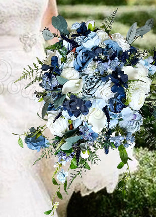 Silk Cascade  Bridal Bouquet Roses, Peony inBlue,  navy, Ivory image 4